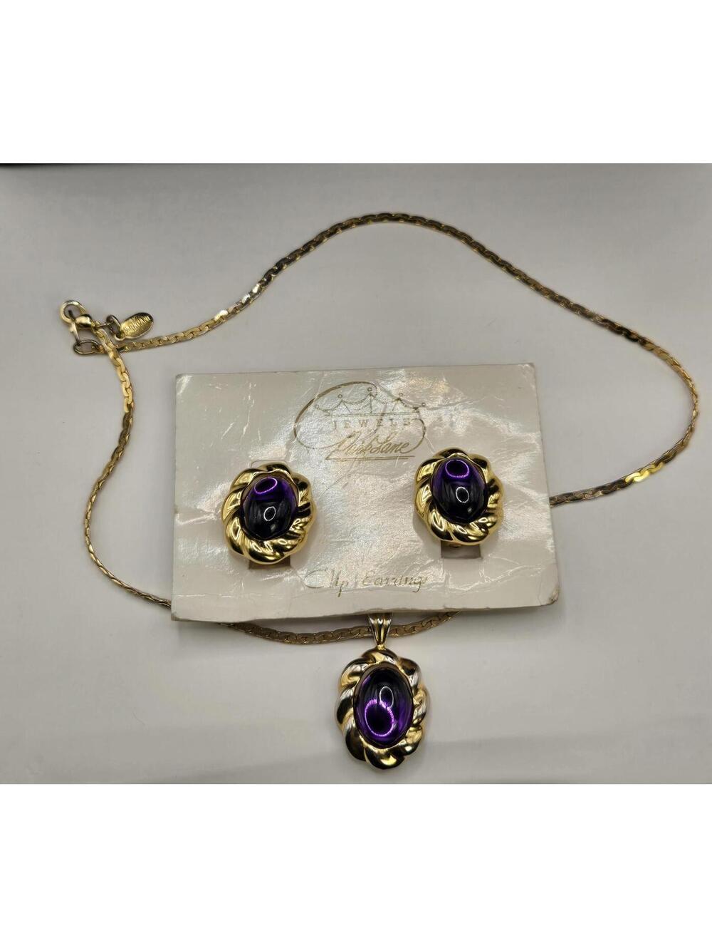 Vintage Park Lane Goldtone Magnetic Purple Cabochon Necklace Clip Earrings Set